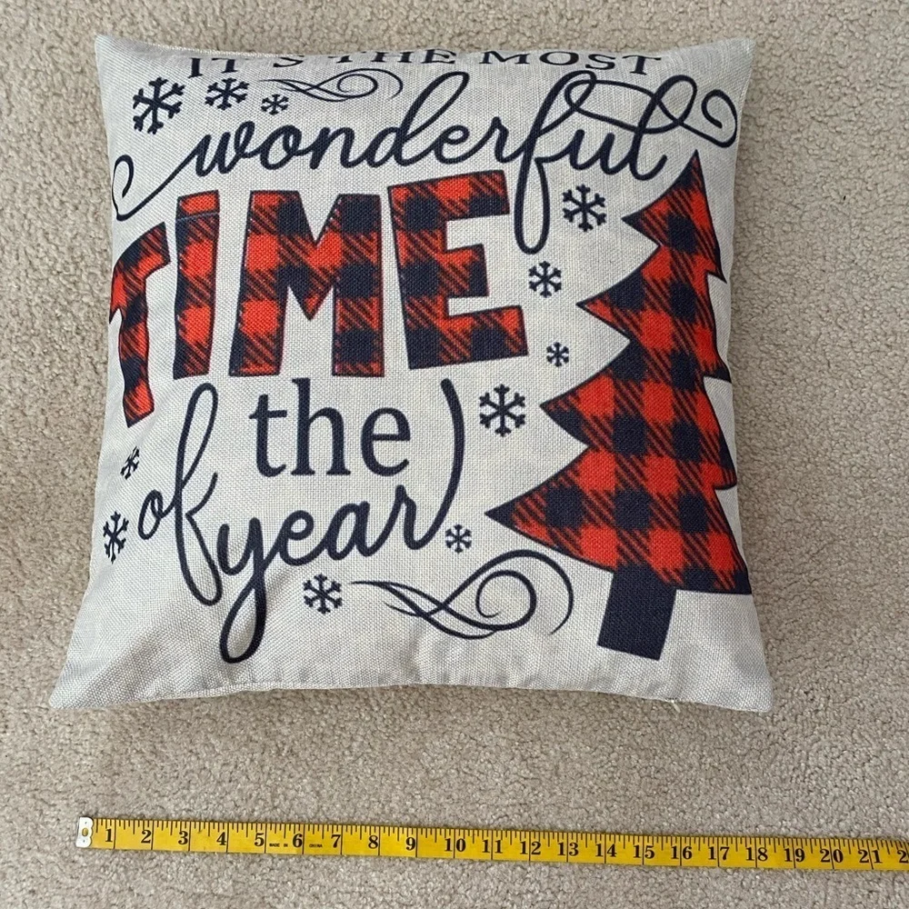 Plaid Christmas Throw Pillow 18x18 – Zippered Cover, Holiday Decor, Snowflakes &